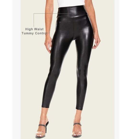 Faux Leather Leggings Tummy Control High Waisted Stretch Dressy Shiny Pleather - Picture 3 of 9